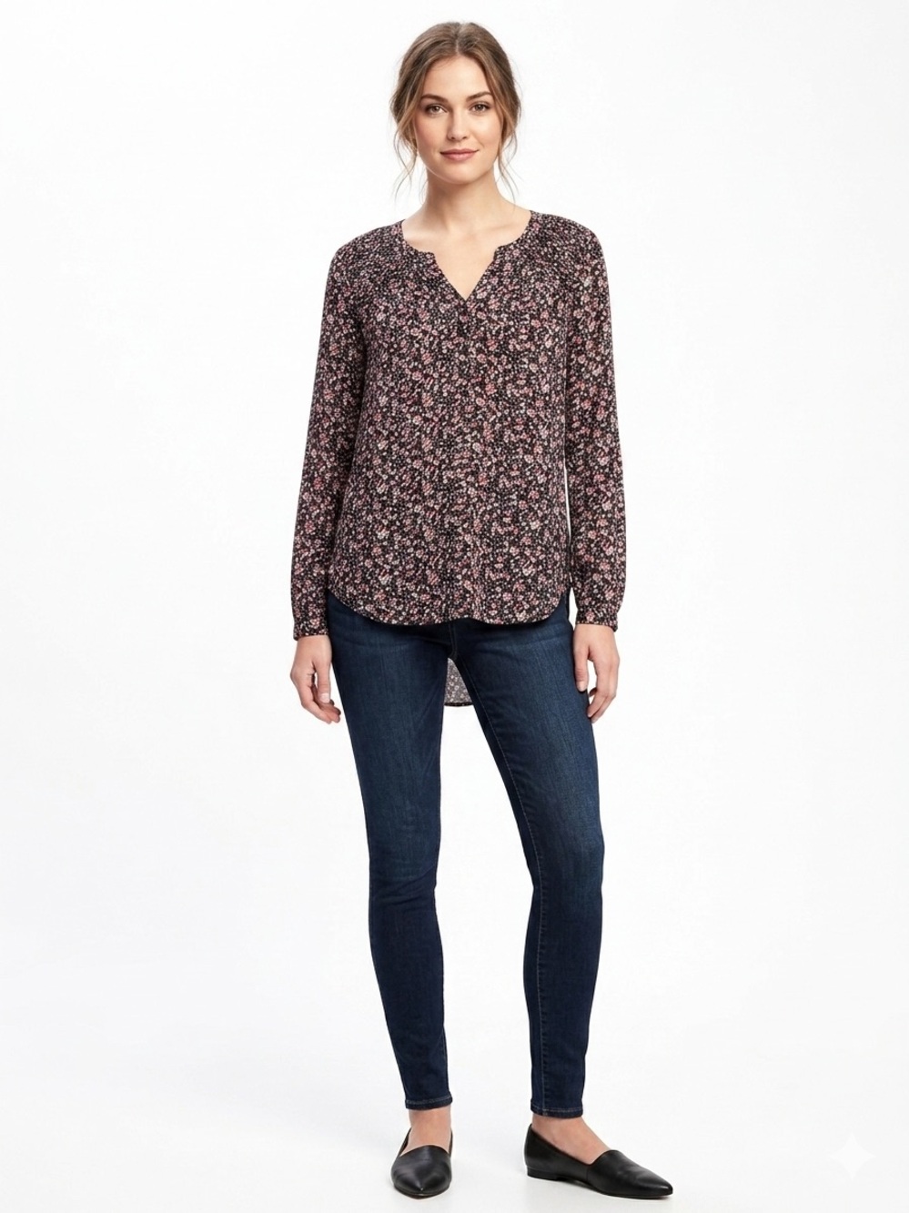 Black Rain NWOT Floral Button-Front Blouse in Black & Pink Long Sleeve
